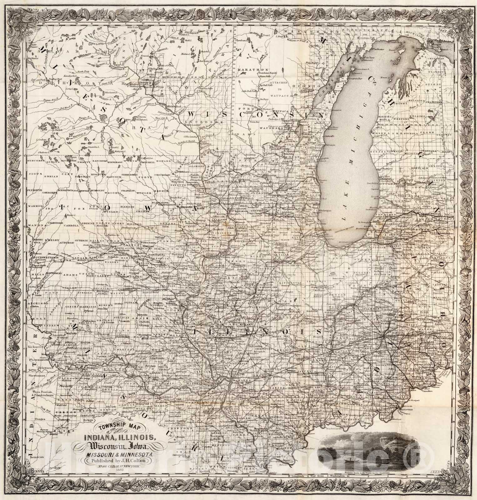 Historic Map : Township Map of the U.S. Mid. West States, 1852 - Vintage Wall Art