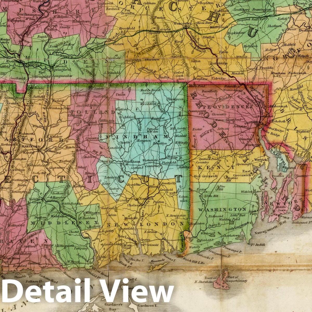 Massachusetts, Connecticut, and Rhode Island Map 1831 - Historical Print