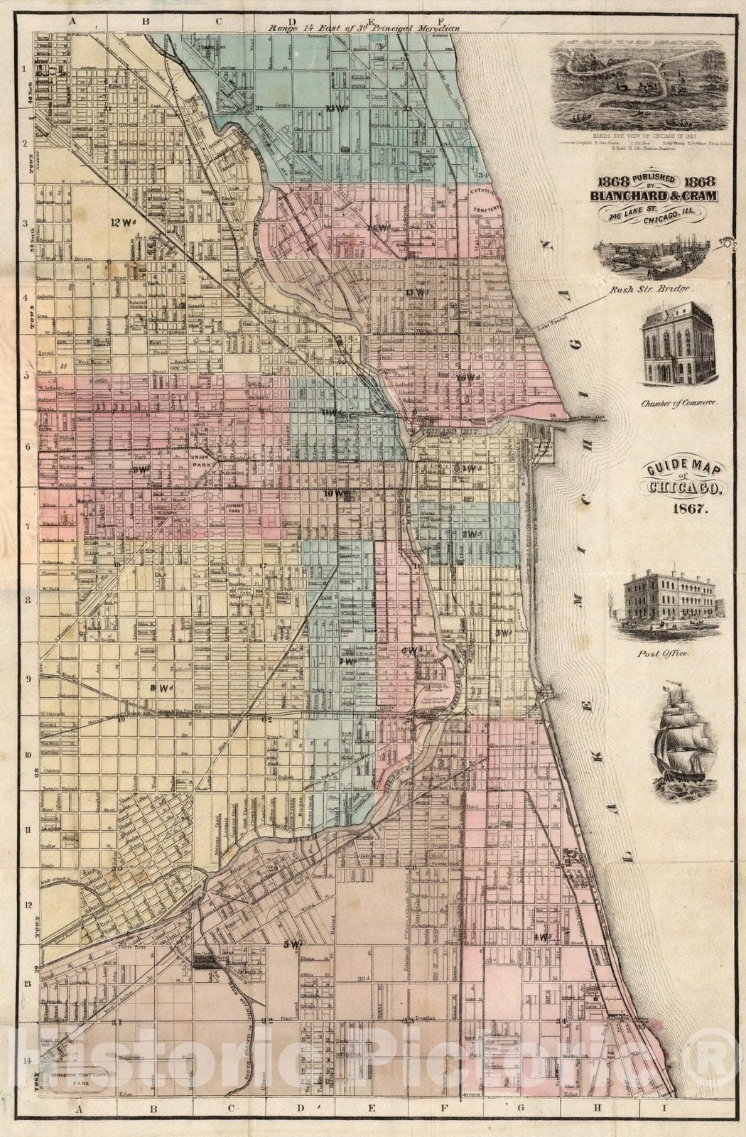 Historic Map : Guide Map of Chicago, 1868 - Vintage Wall Art
