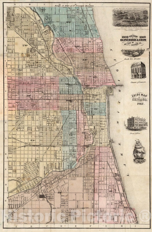 Historic Map : Guide Map of Chicago, 1868 - Vintage Wall Art