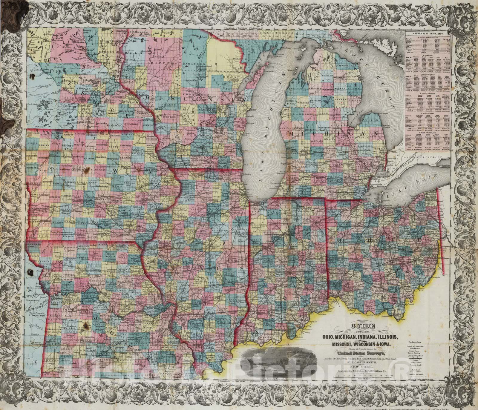 Historic Map : Guide Book, U.S. Mid West 1856 - Vintage Wall Art