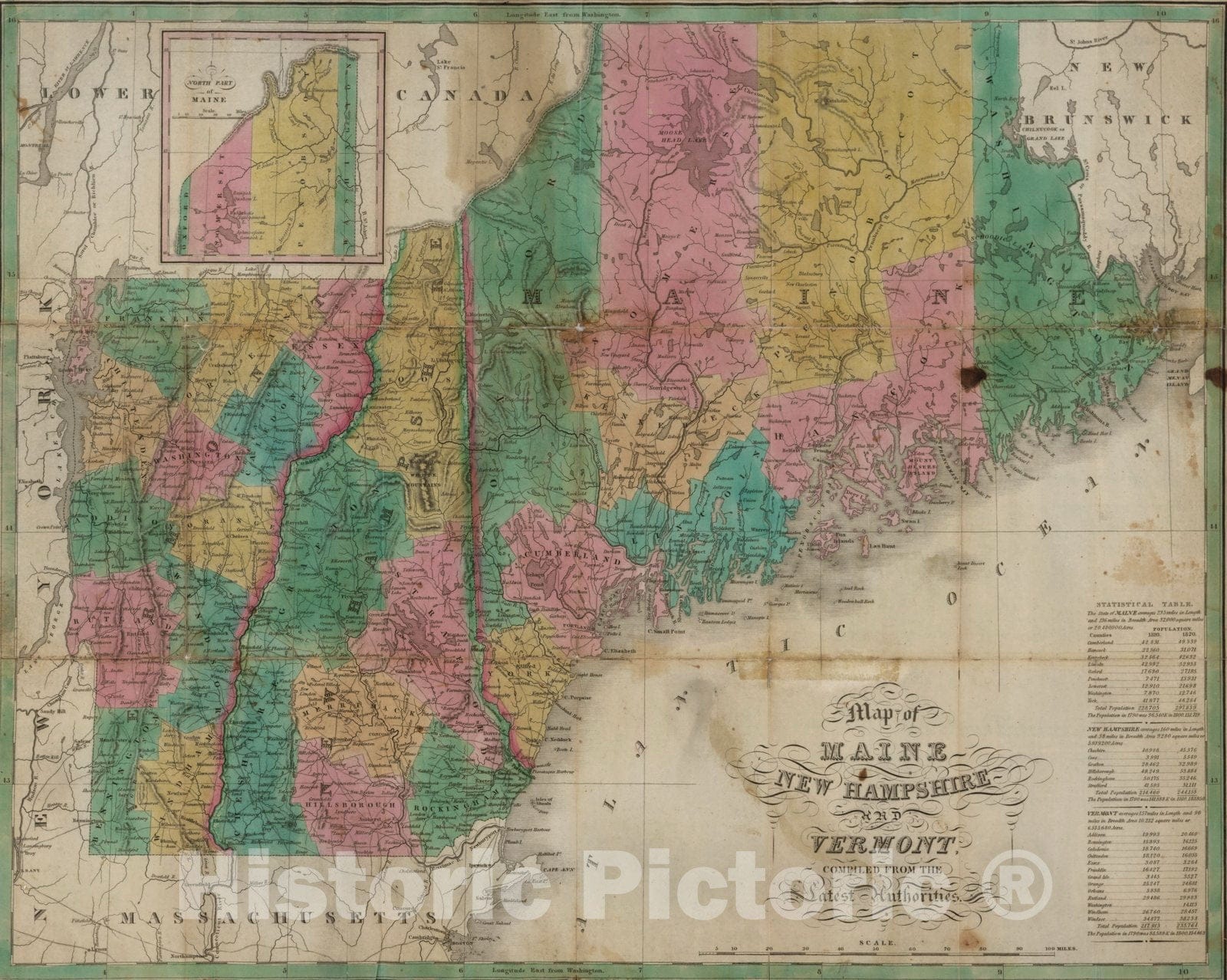 Historic Map : Pocket Map, Maine, New Hampshire and Vermont 1827 - Vintage Wall Art