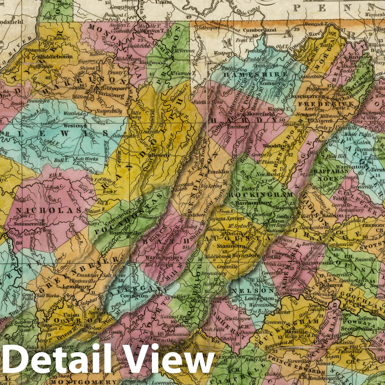 Virginia with District of Columbia - Road Map, 1835 - Historical Map Print