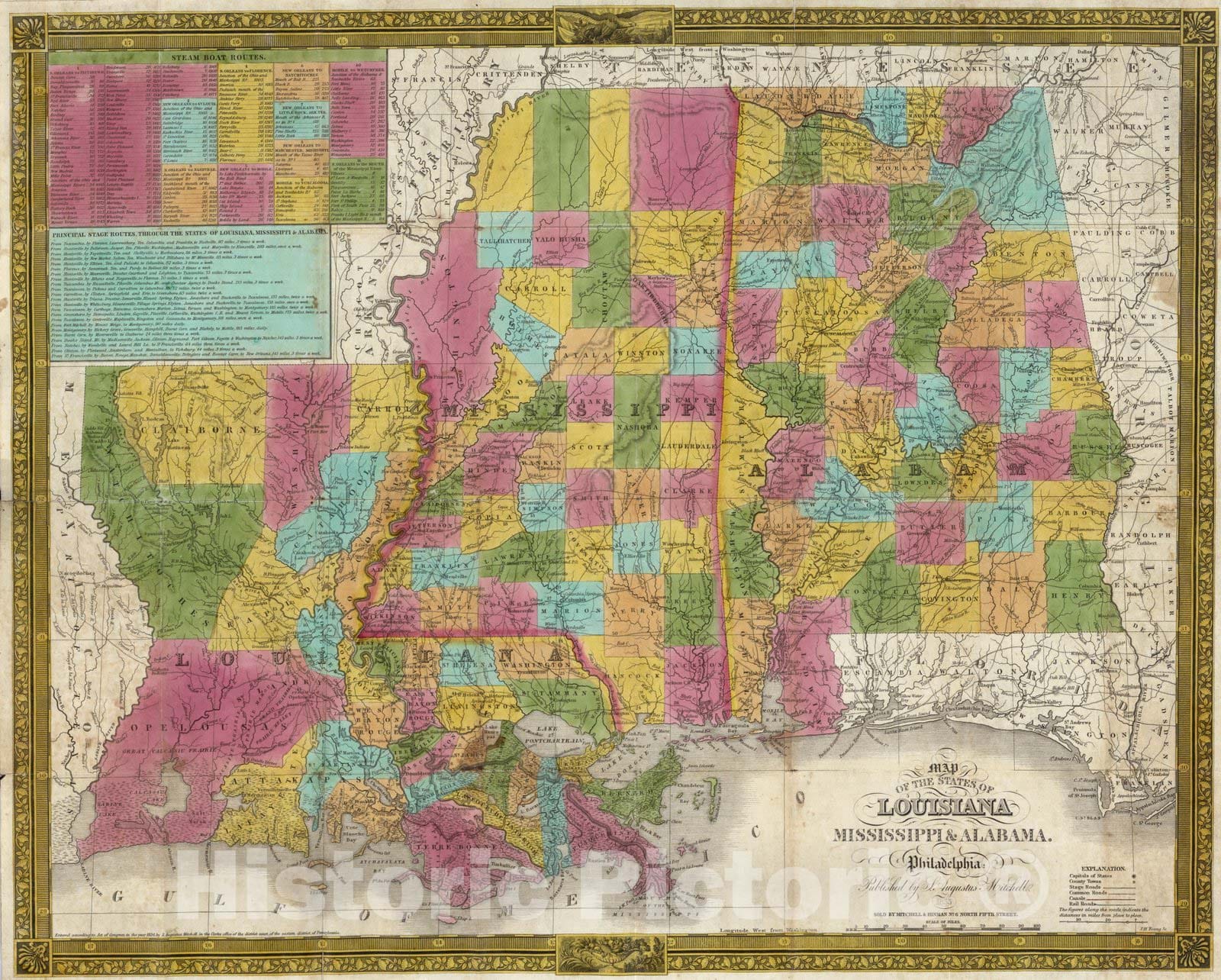 Louisiana, Mississippi & Alabama - Road Map, 1835 - Historical Map Print