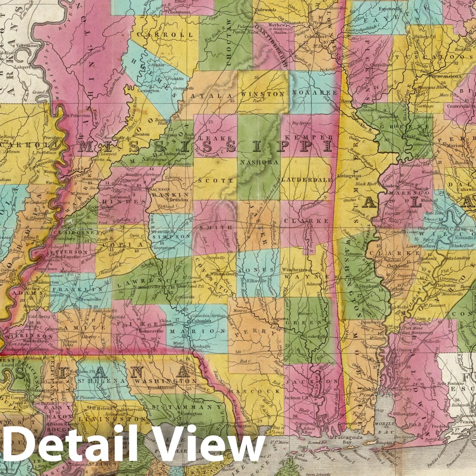Louisiana, Mississippi & Alabama - Road Map, 1835 - Historical Map Print