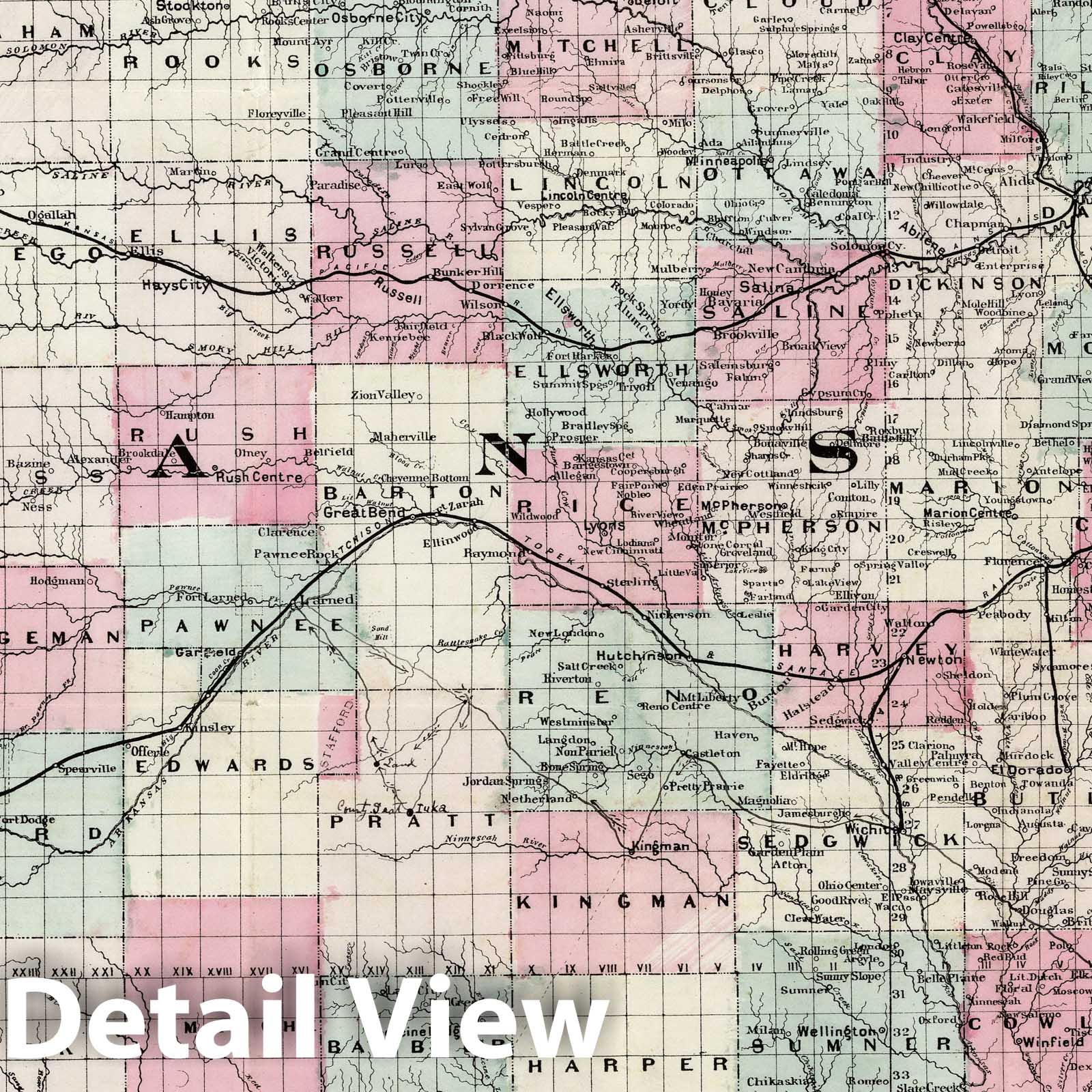 Kansas - Railroad Map, 1878 - Historical Map Print