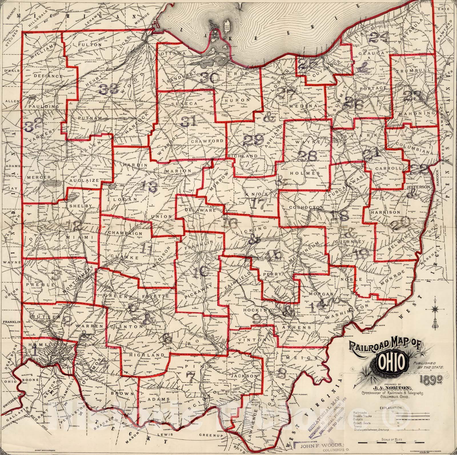 Historic Wall Map : Railroad Map of Ohio, 1890 - Vintage Wall Art