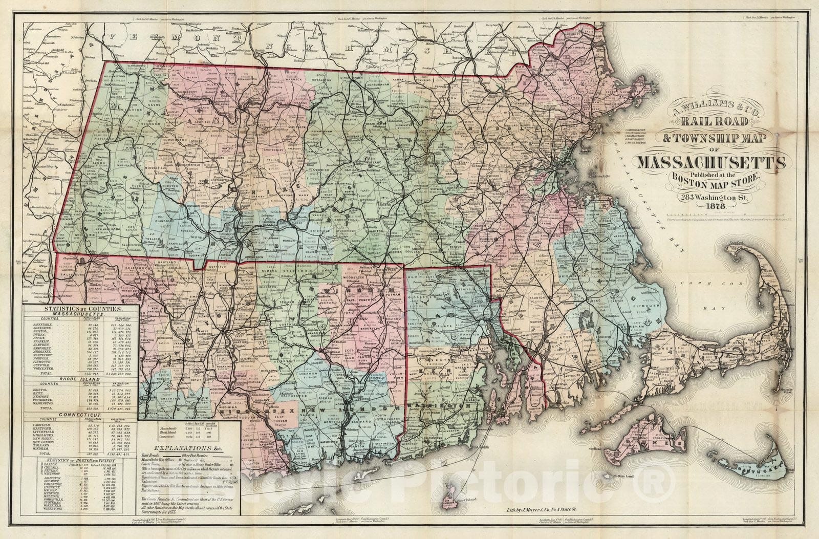 Massachusetts - Railroad Map, 1878 - Historical Map Print