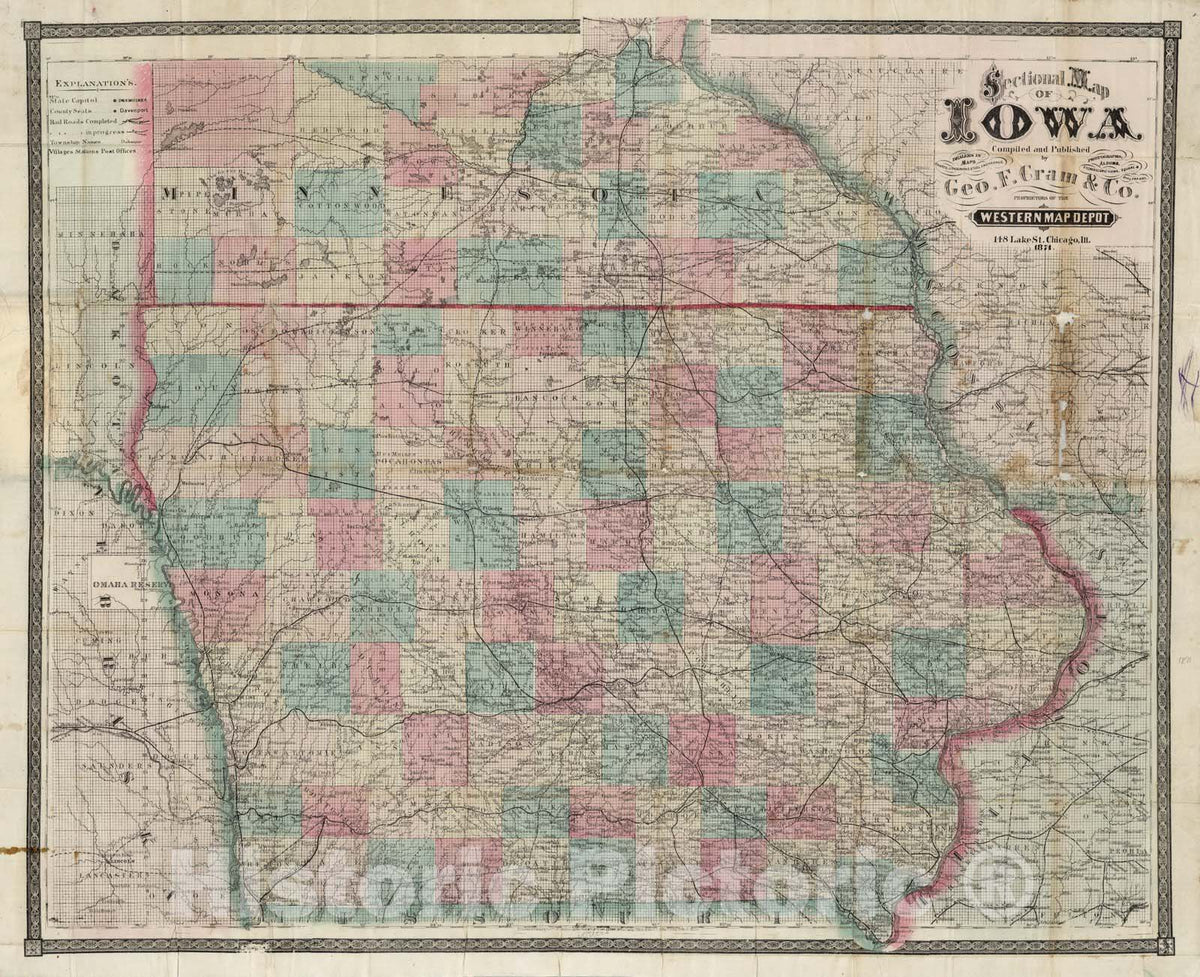 Historic Map : Sectional Map of Iowa, 1871 - Vintage Wall Art