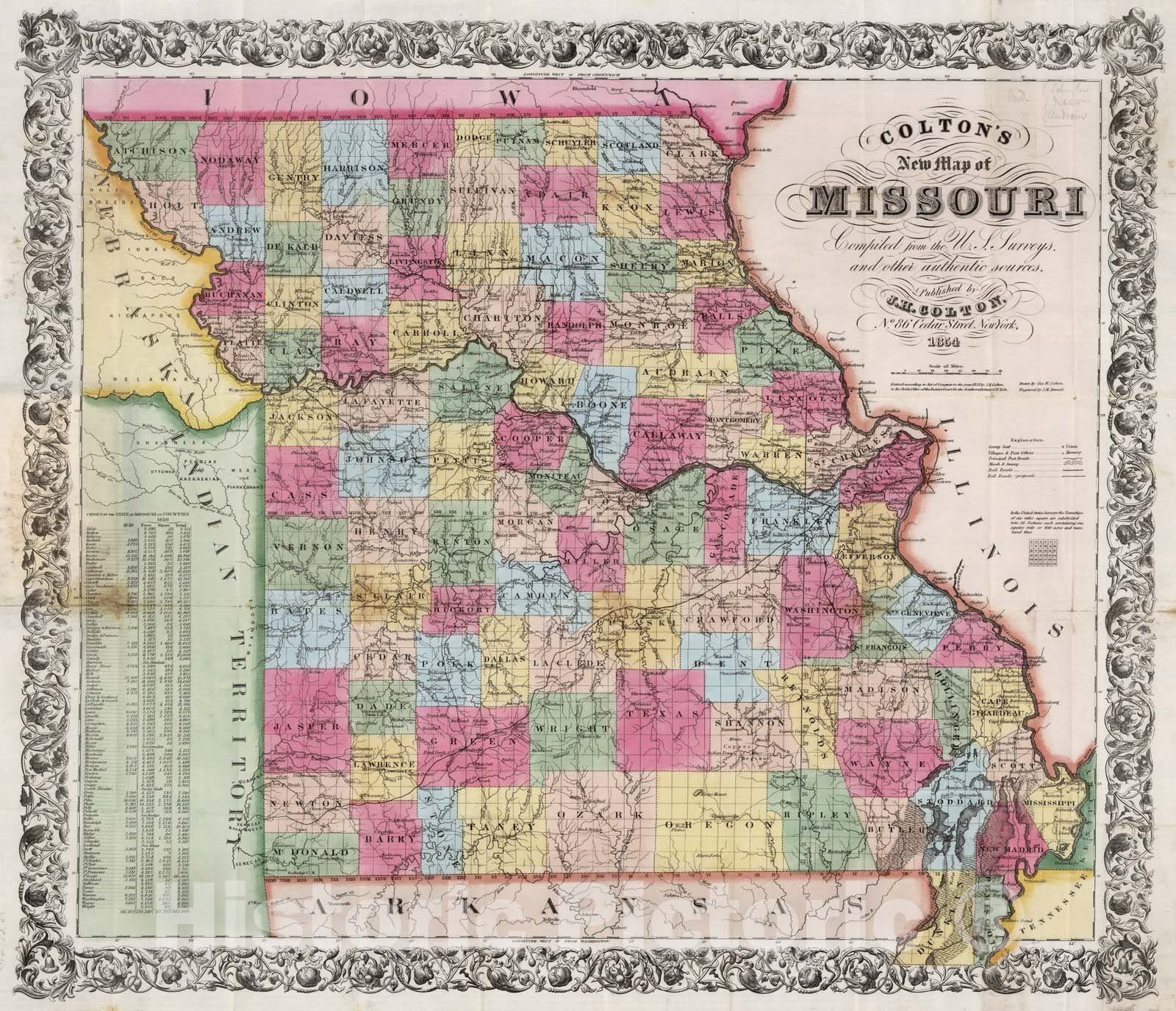 Missouri 1854 Topographic Map Print - Hand-Colored Historical Reproduction