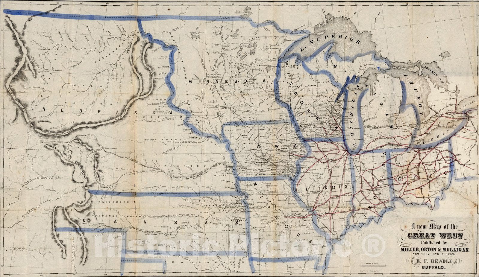 Historic Map : A New Map of the Great West, 1856 - Vintage Wall Art