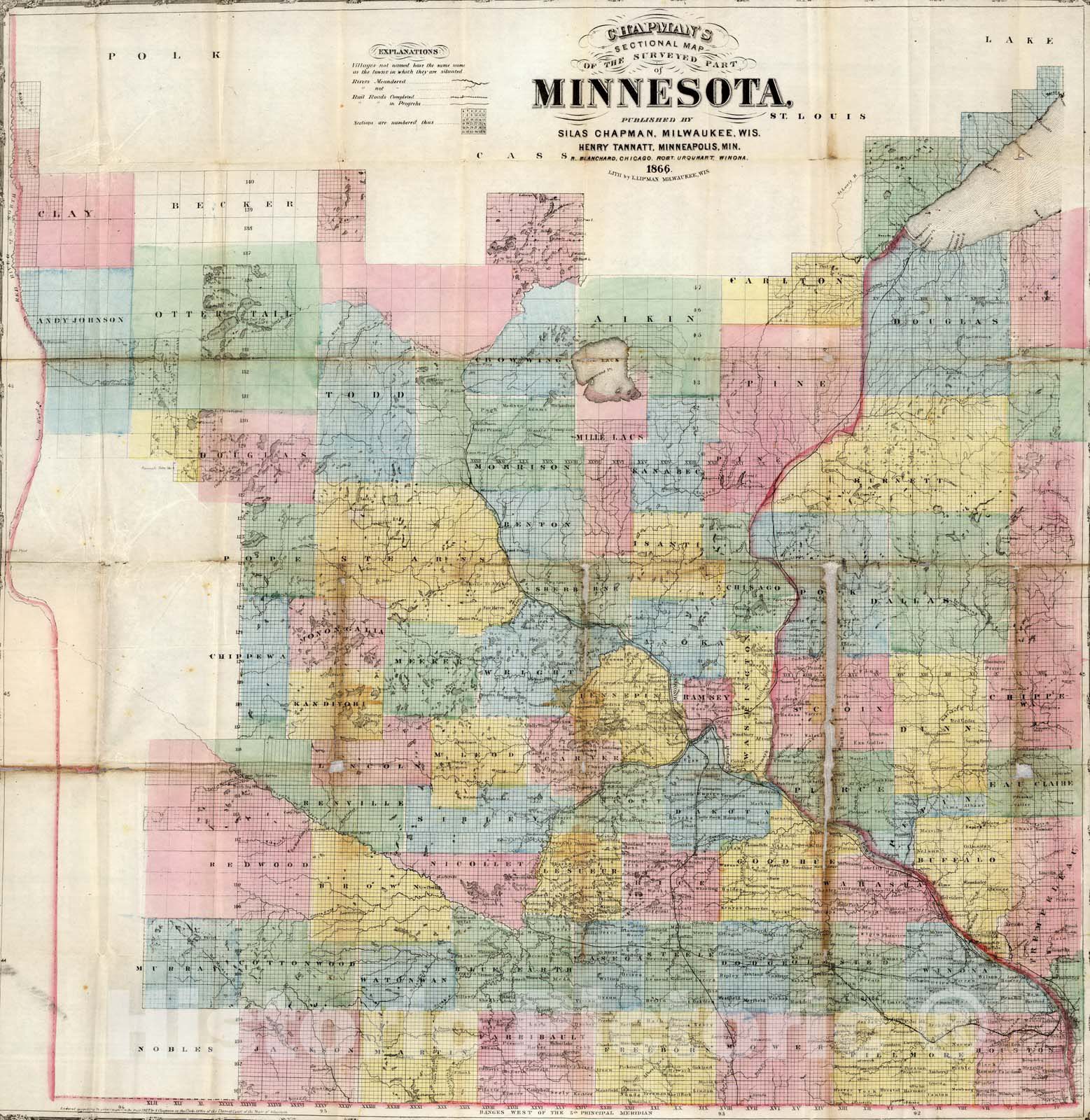 Minnesota Sectional Map 1866 - Chapman's Railroad Map Print