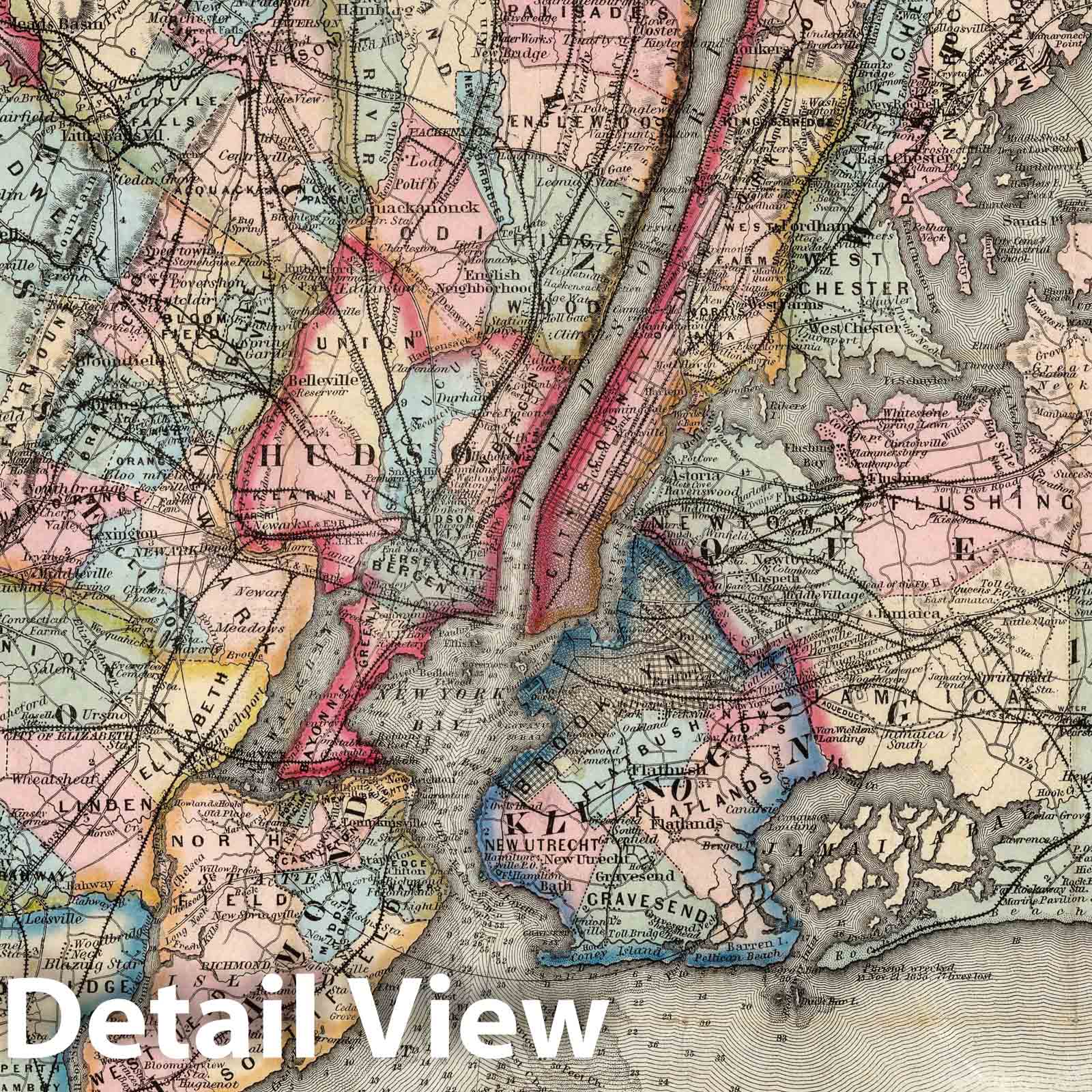 Region Around New York City - Railroad Map, 1876 - Historical Map Print