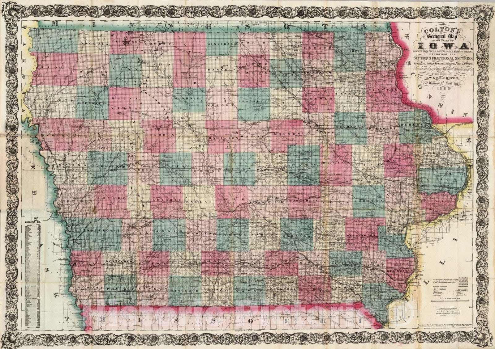 Historic Map : Pocket Map, Iowa 1869 - Vintage Wall Art