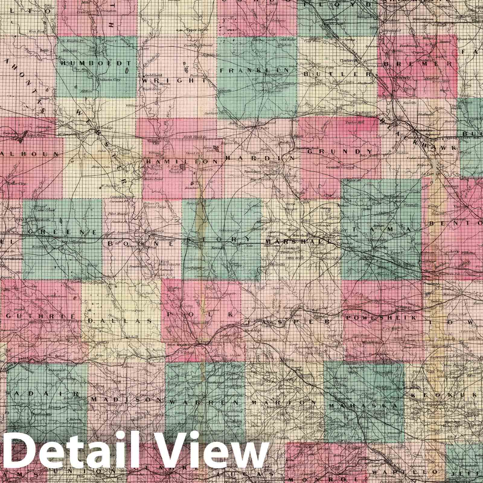 Iowa - Railroad Map, 1869 - Colton Sectional Map Historical Reproduction