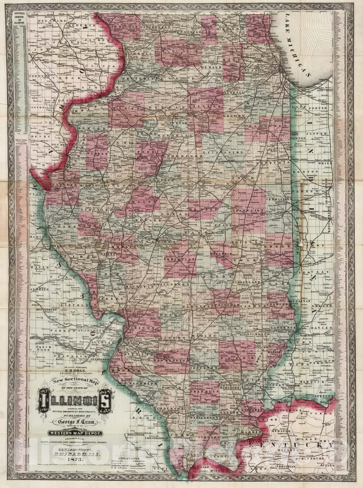 Historic Map : Sectional Map of The State of Illinois, 1873 - Vintage Wall Art