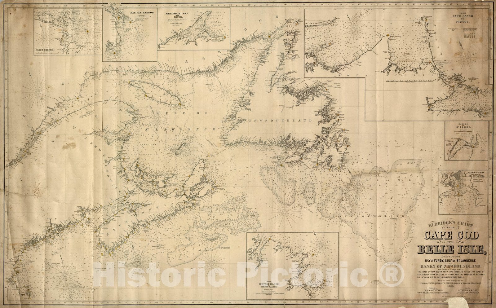Historic Map : Wall Map, Chart From Cape Cod To Belle Isle. 1866 - Vintage Wall Art