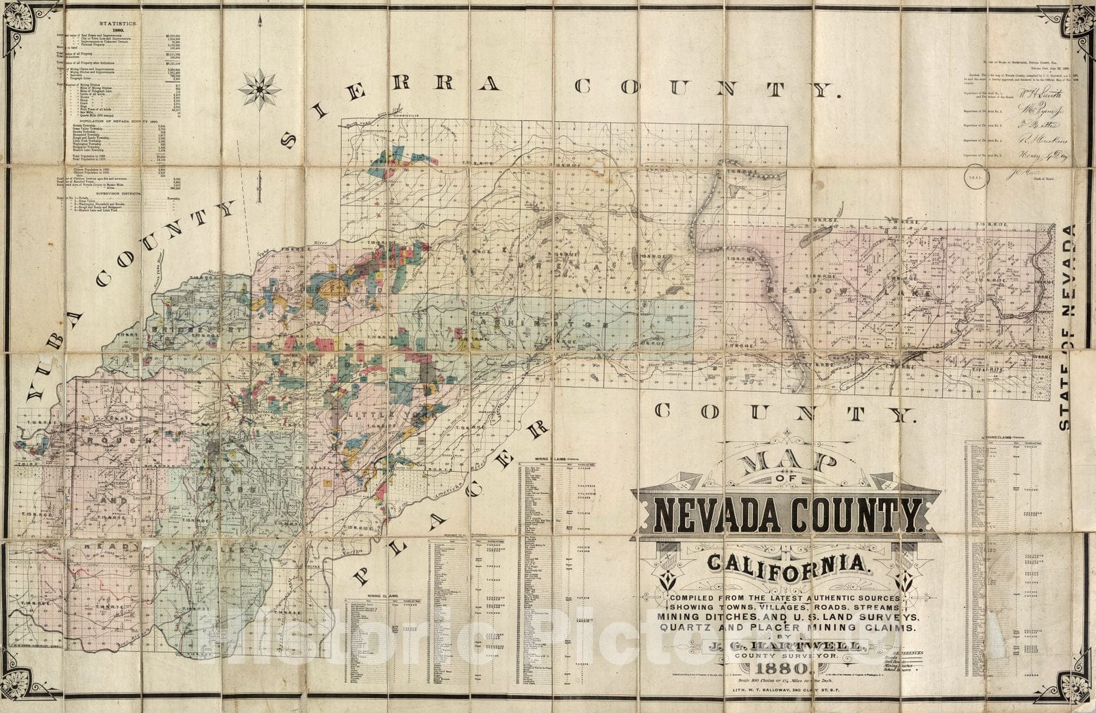 Nevada County, California - Road Map, 1880 - Historical Mining Map Print
