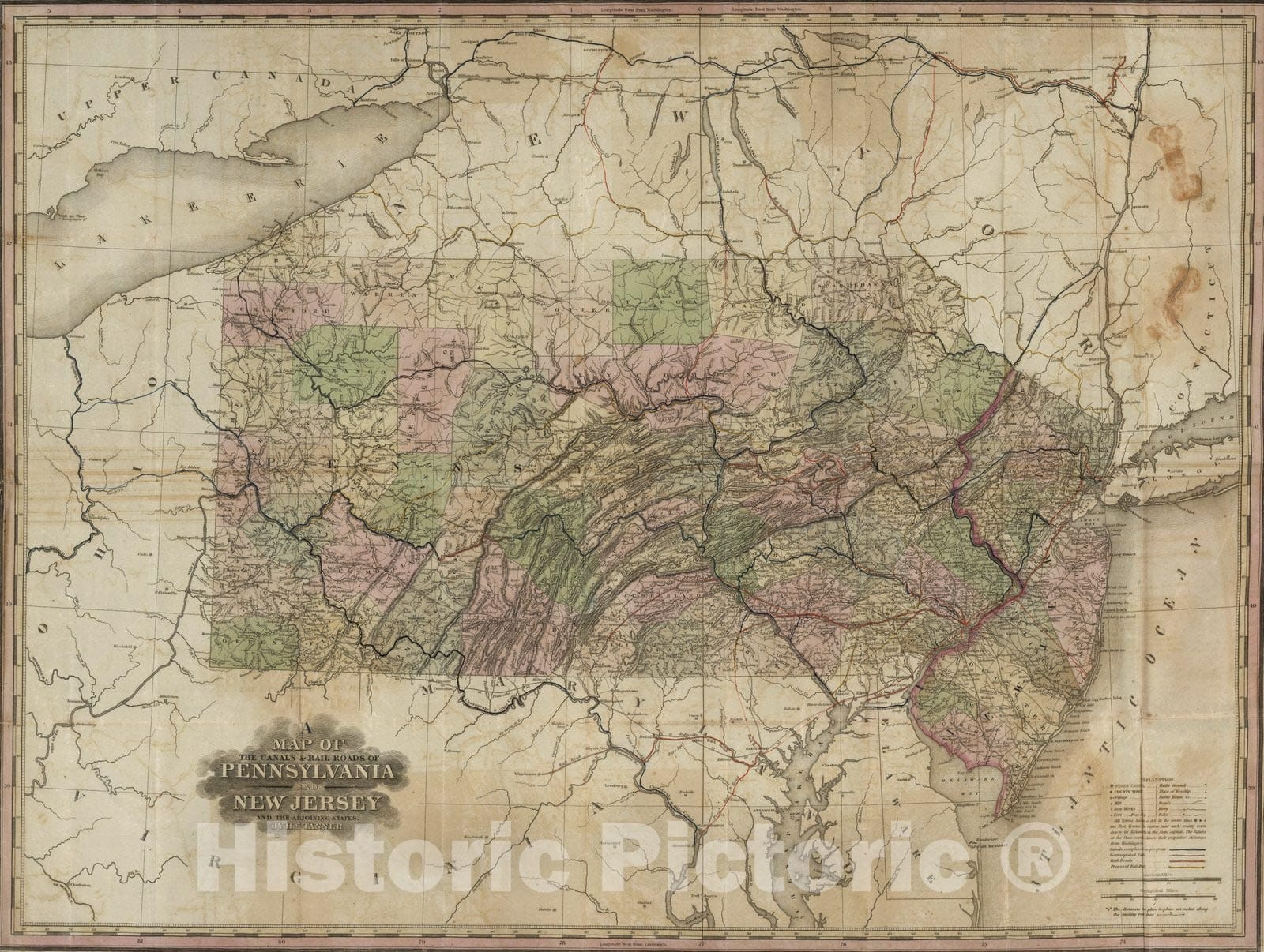 Historic Map : Guide Book, Canals And Rail Roads of Pennsylvania And New Jersey 1834 - Vintage Wall Art