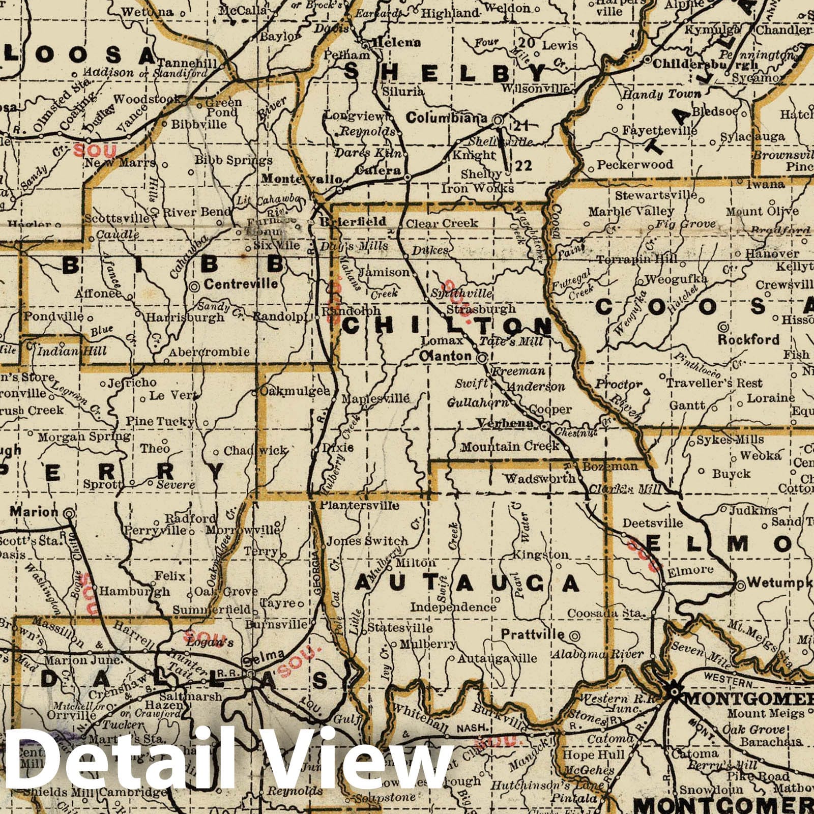 Historic Map - Railroad And County Map of Alabama, 1887 - Vintage Wall Art