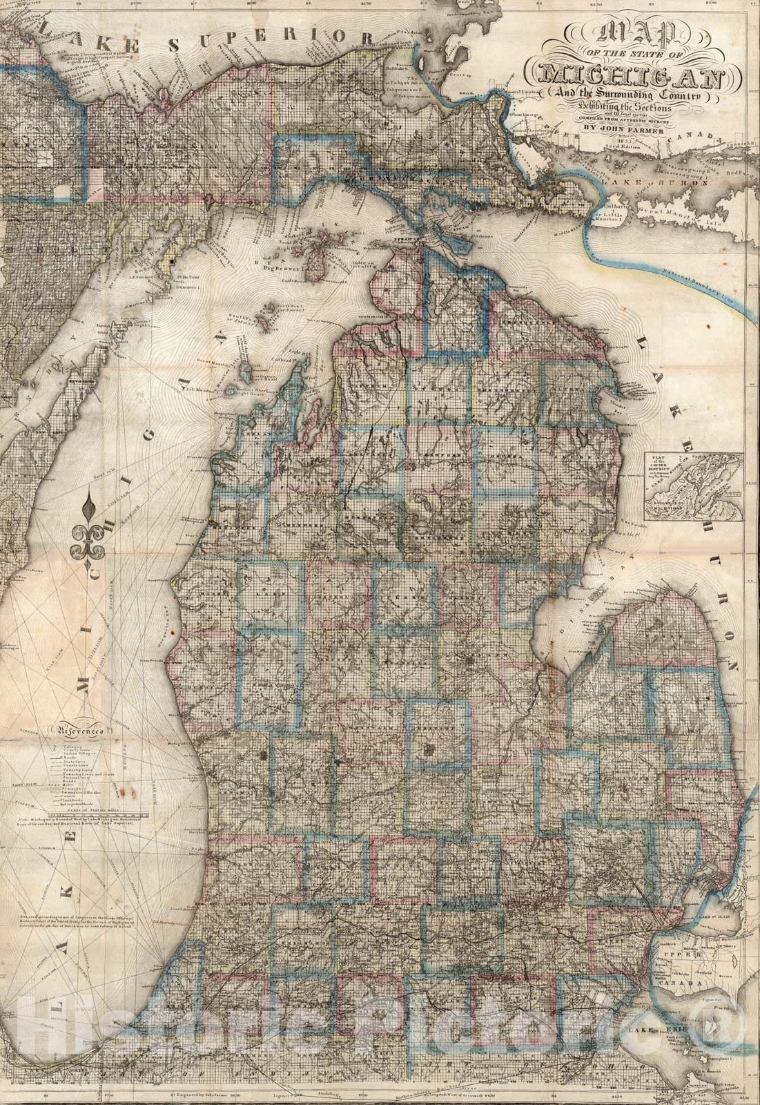 Michigan, 1853 - Hand-Colored Topographic Map Print