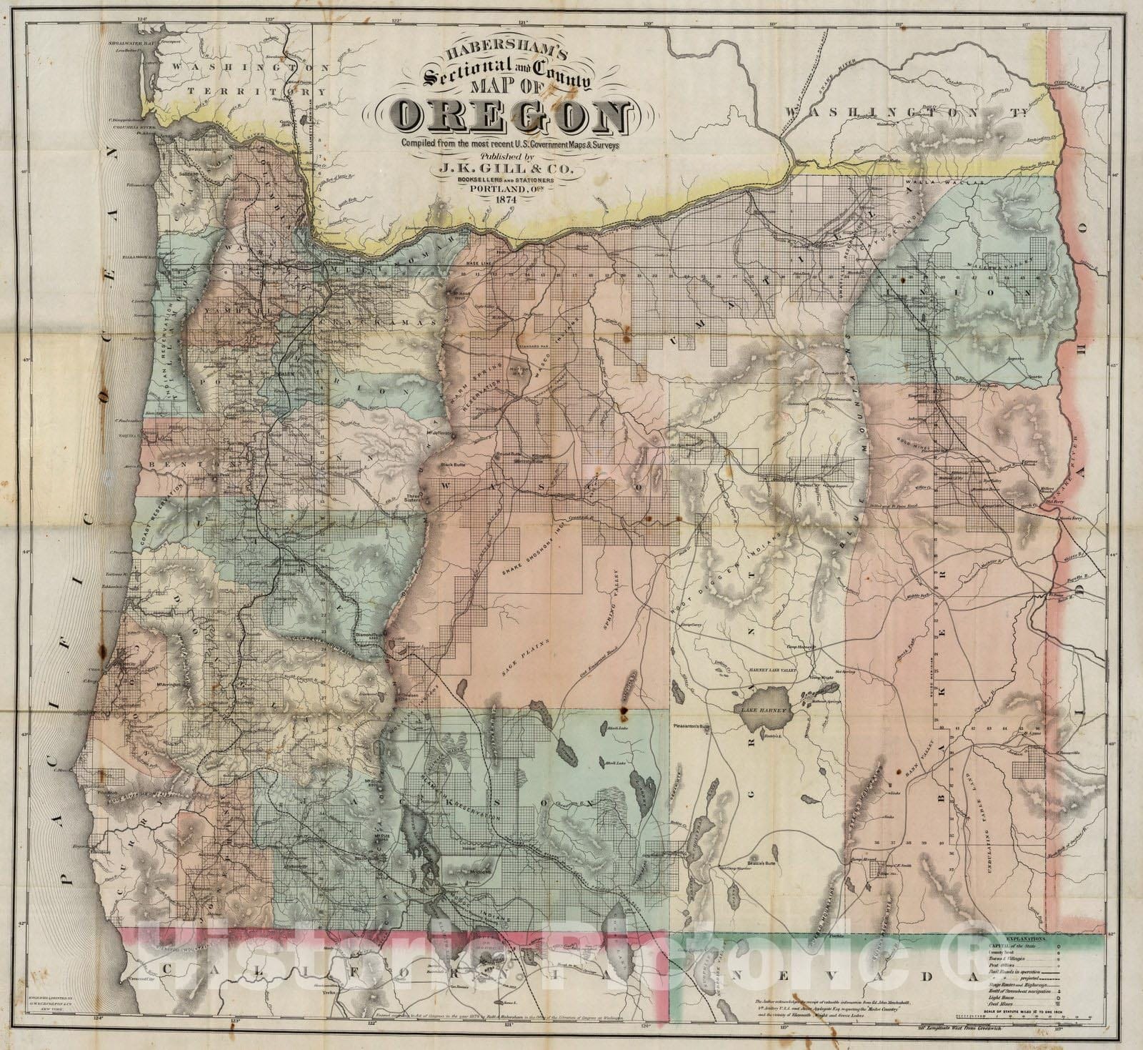 Oregon 1874 Sectional and County Map - Habersham Historical Map Print