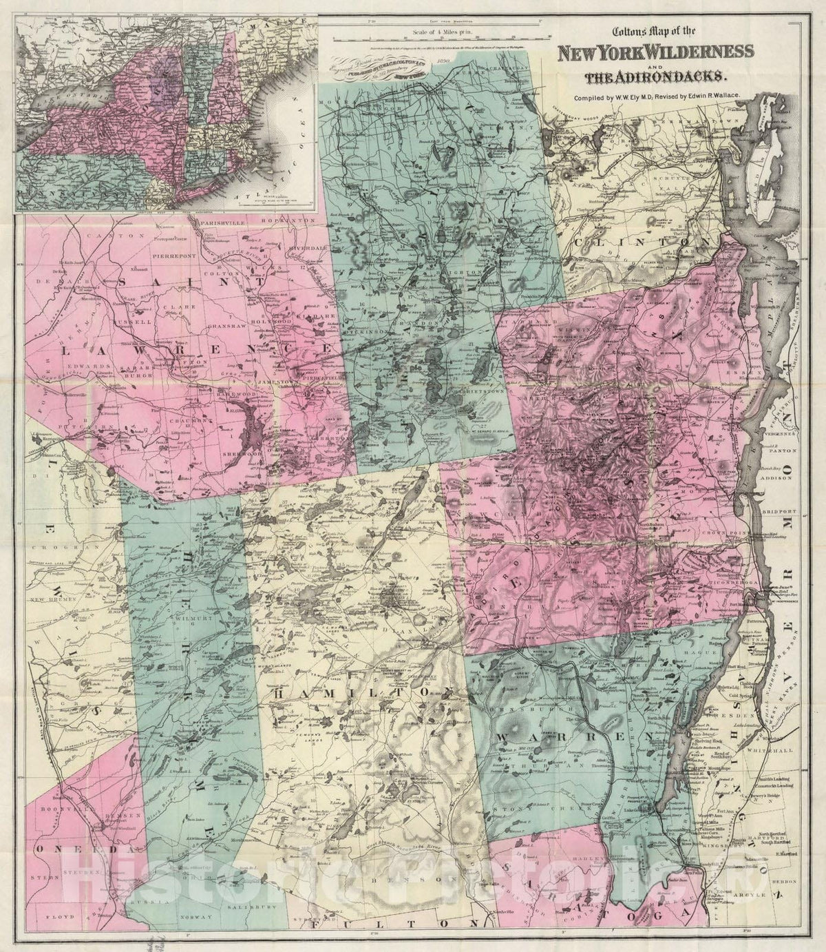 Historic Map : Pocket Map, New York Wilderness And The Adirondack 1890 - Vintage Wall Art