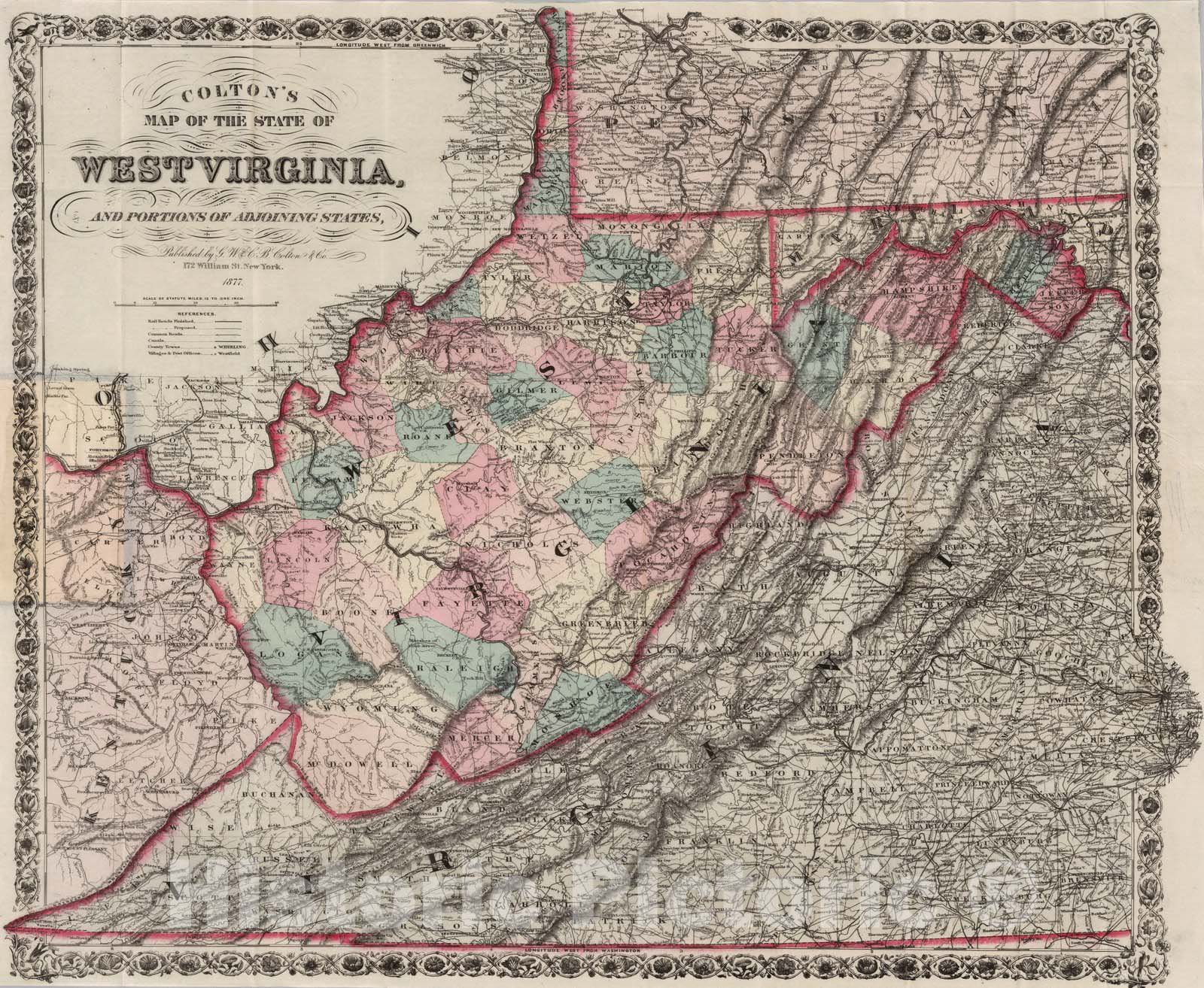 West Virginia and Adjoining States, 1877 - Historical Topographic Map Print