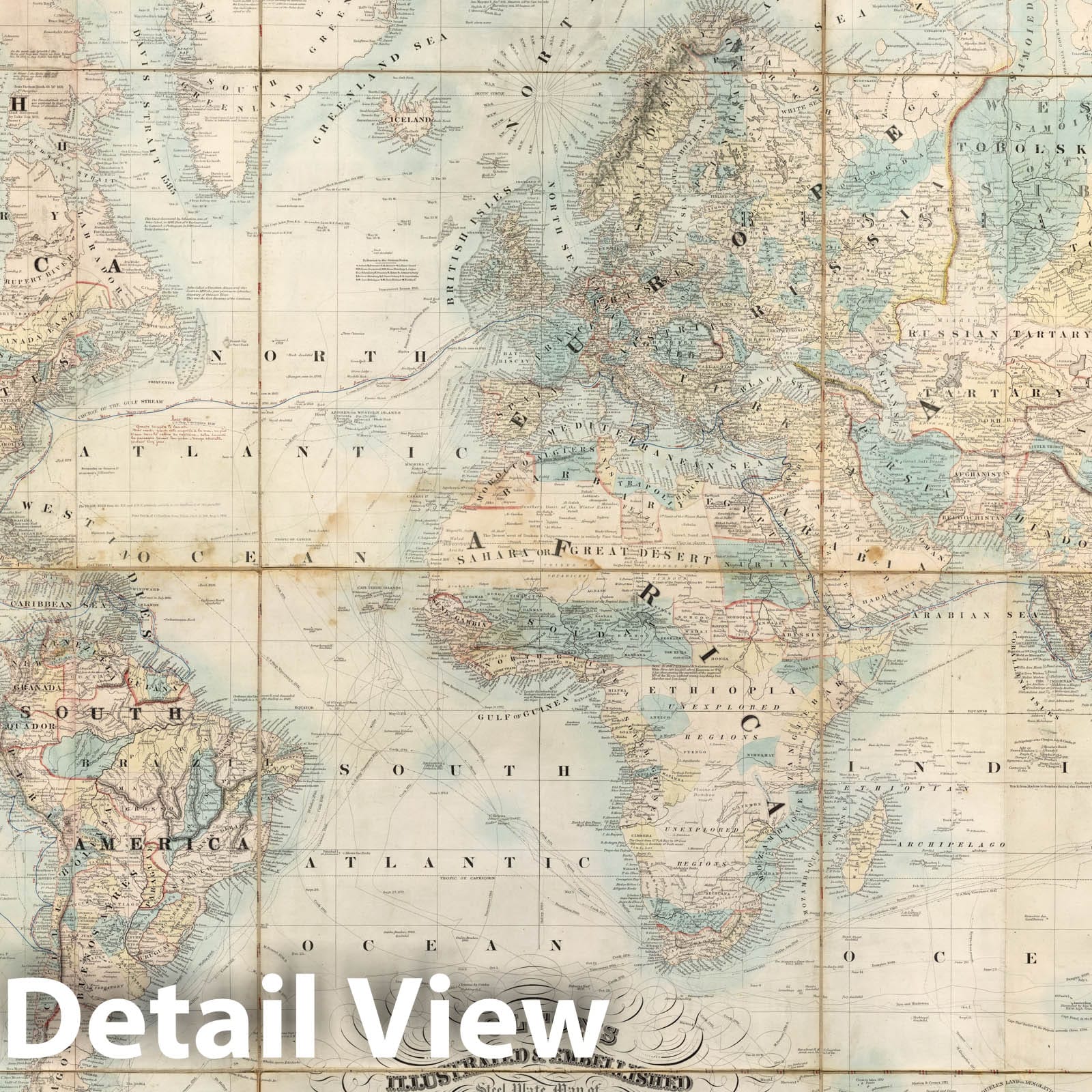 Map of the World - Route Map, 1857 - Colton Historical Map Print