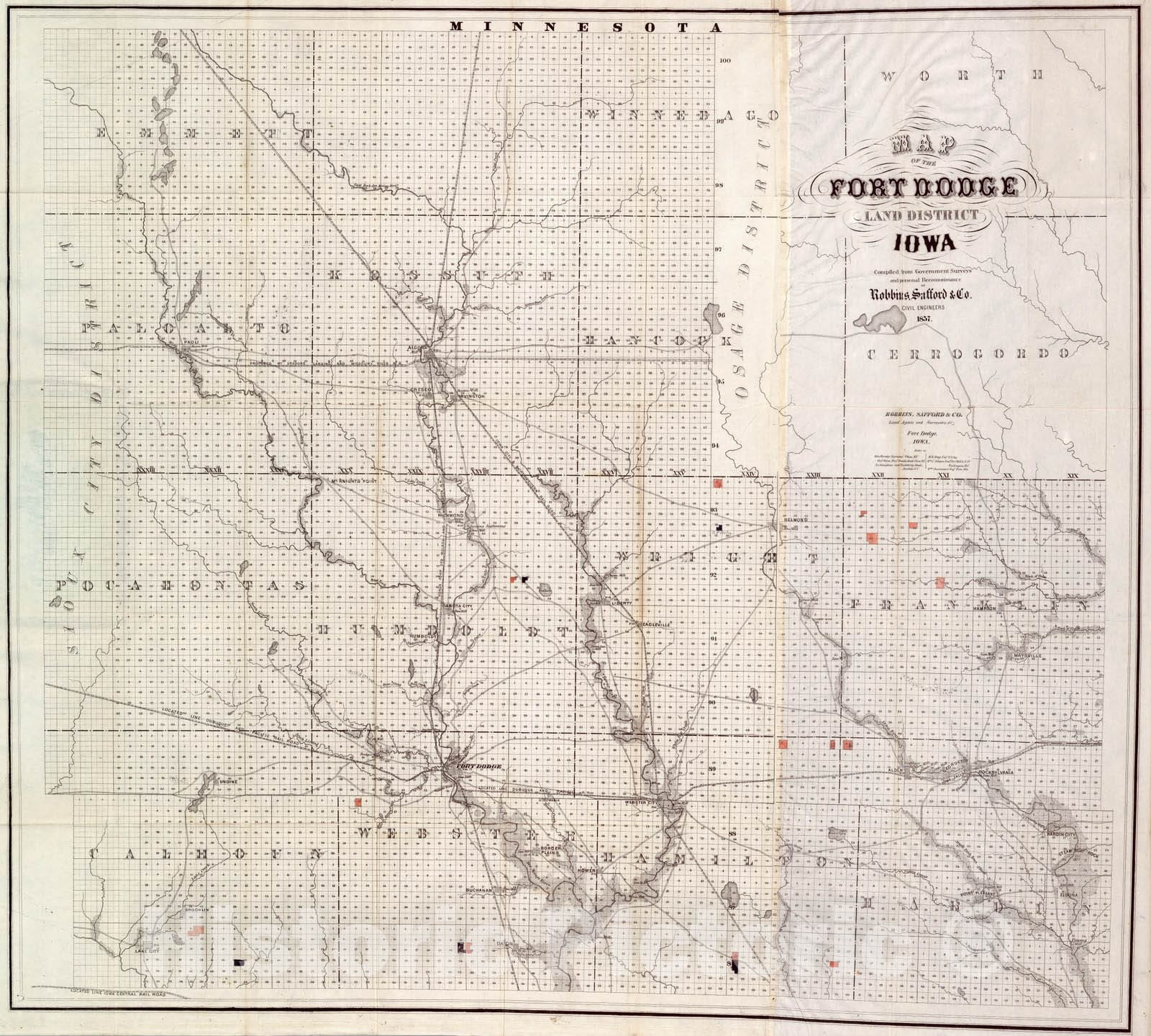 Historic Map : Map of The Fort Dodge Land District, Iowa, 1857 - Vintage Wall Art