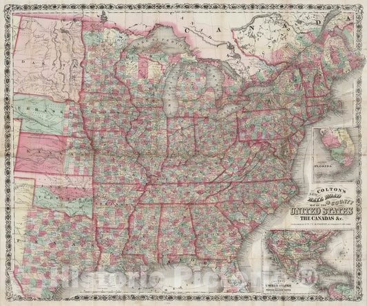 Historic Map : Pocket Map, United States, The Canadas 1866 - Vintage Wall Art
