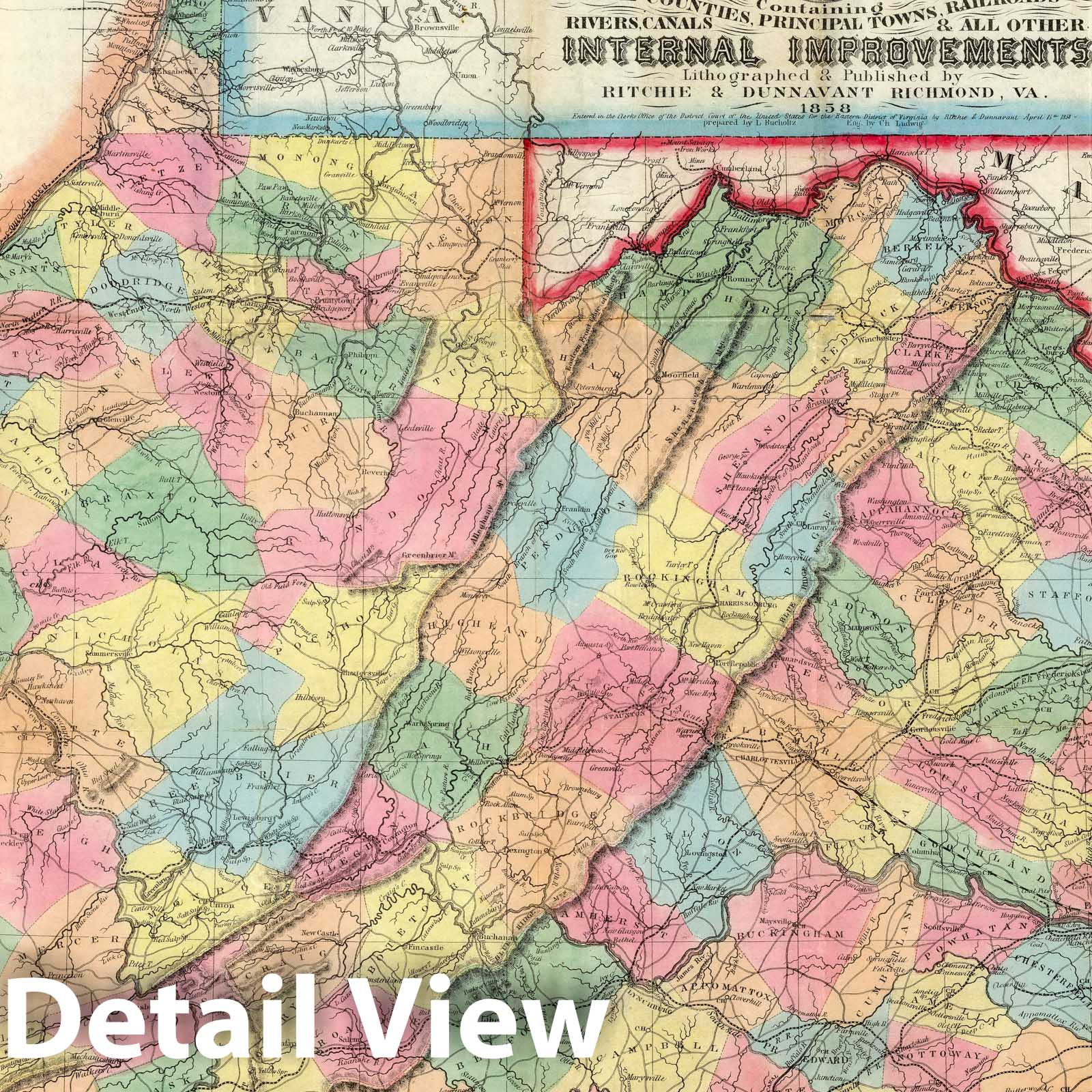 Virginia - Railroad Map, 1858 - Historical Map Print
