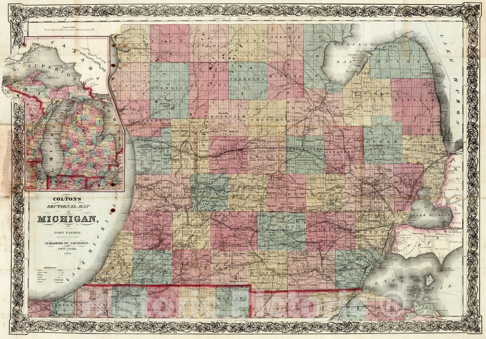 Historic Map : Farmer's Sectional Map of Michigan, 1865 - Vintage Wall Art