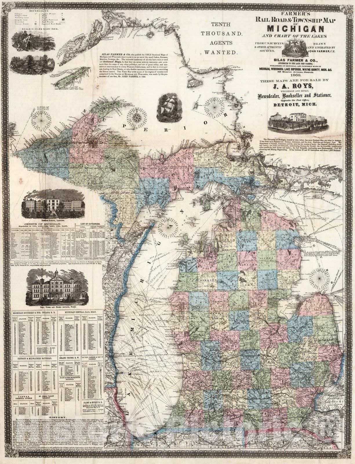 Michigan - Railroad Map, 1868 - Historical Map Print