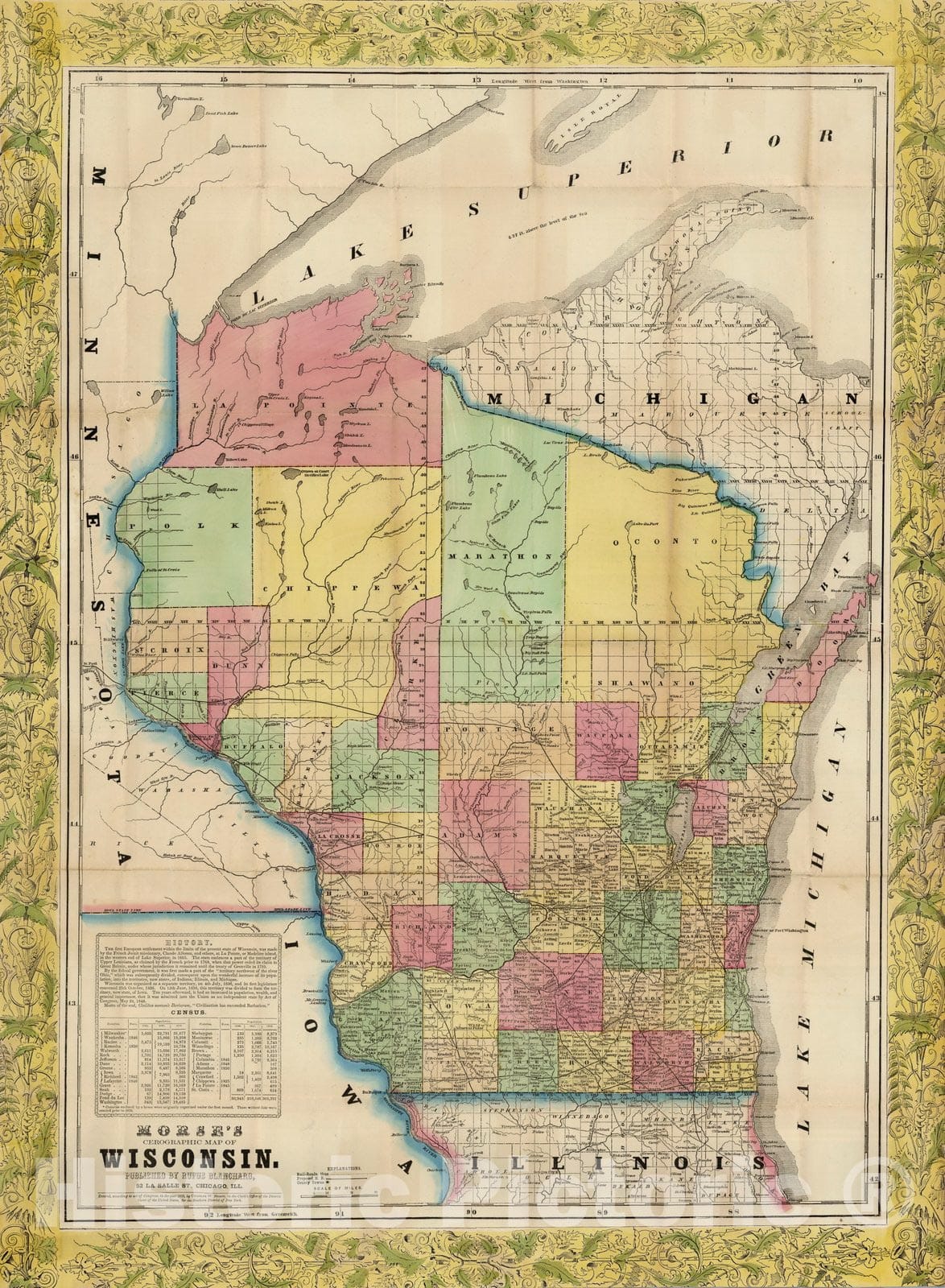 Historic Map : Cerographic Map of Wisconsin, 1855 - Vintage Wall Art
