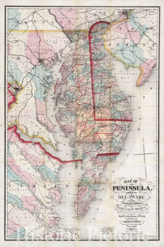 Delaware, Maryland, and Virginia Peninsula 1879 Map Print