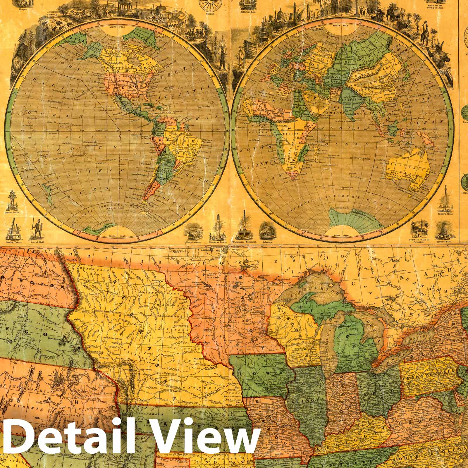 The Cottage Ornament 1856 - Historical Map Print with World Hemispheres & U.S. Map