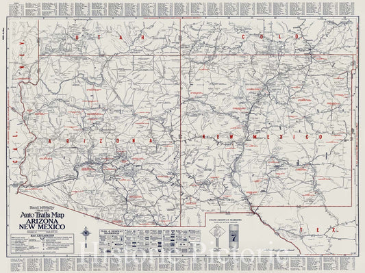 Rand McNally Official 1925 Auto Trails Map Arizona New Mexico - Road Map Print