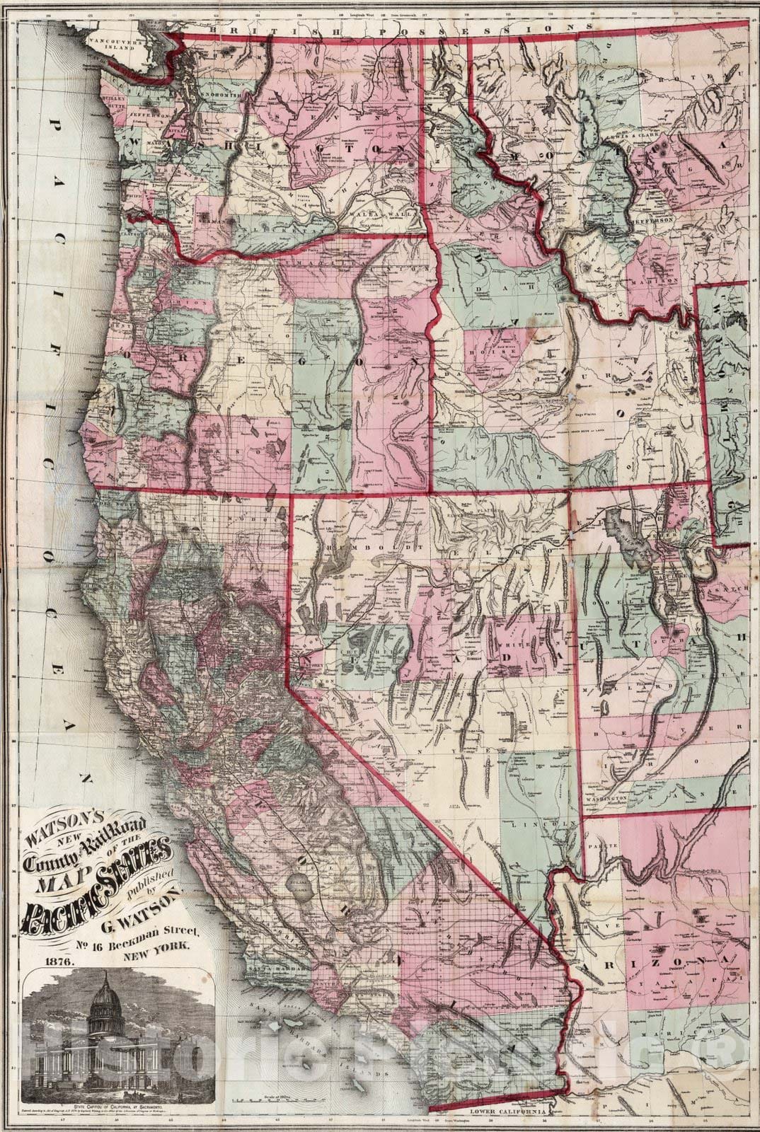 Historic Map : Watson's New County and Railroad Map of the Pacific States, 1876 - Vintage Wall Art