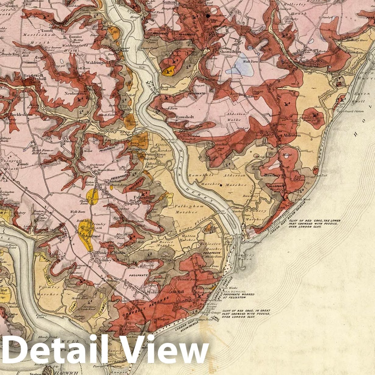 Felixstone and Colchester Geological Map, 1882 - Historical Print