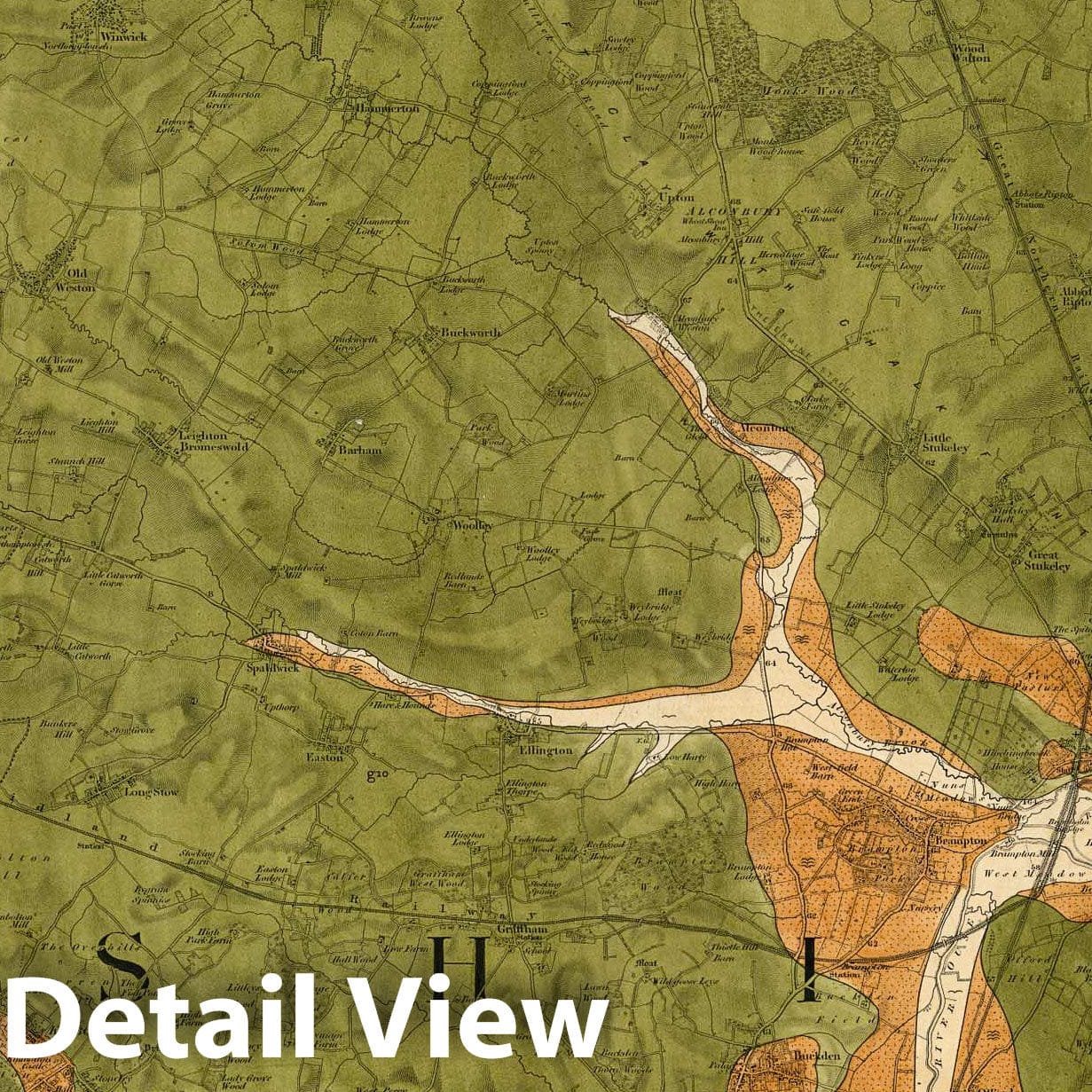Huntingdon, Bedford - Geological Map, 1867 - Historical Map Print