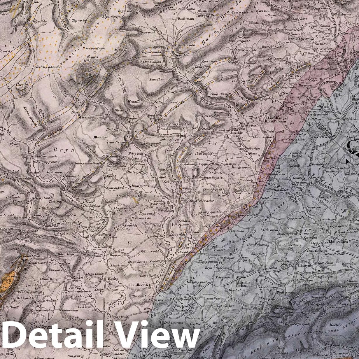 Bilth and Radnor - Geological Map, 1850 - Ordnance Survey Historical Print