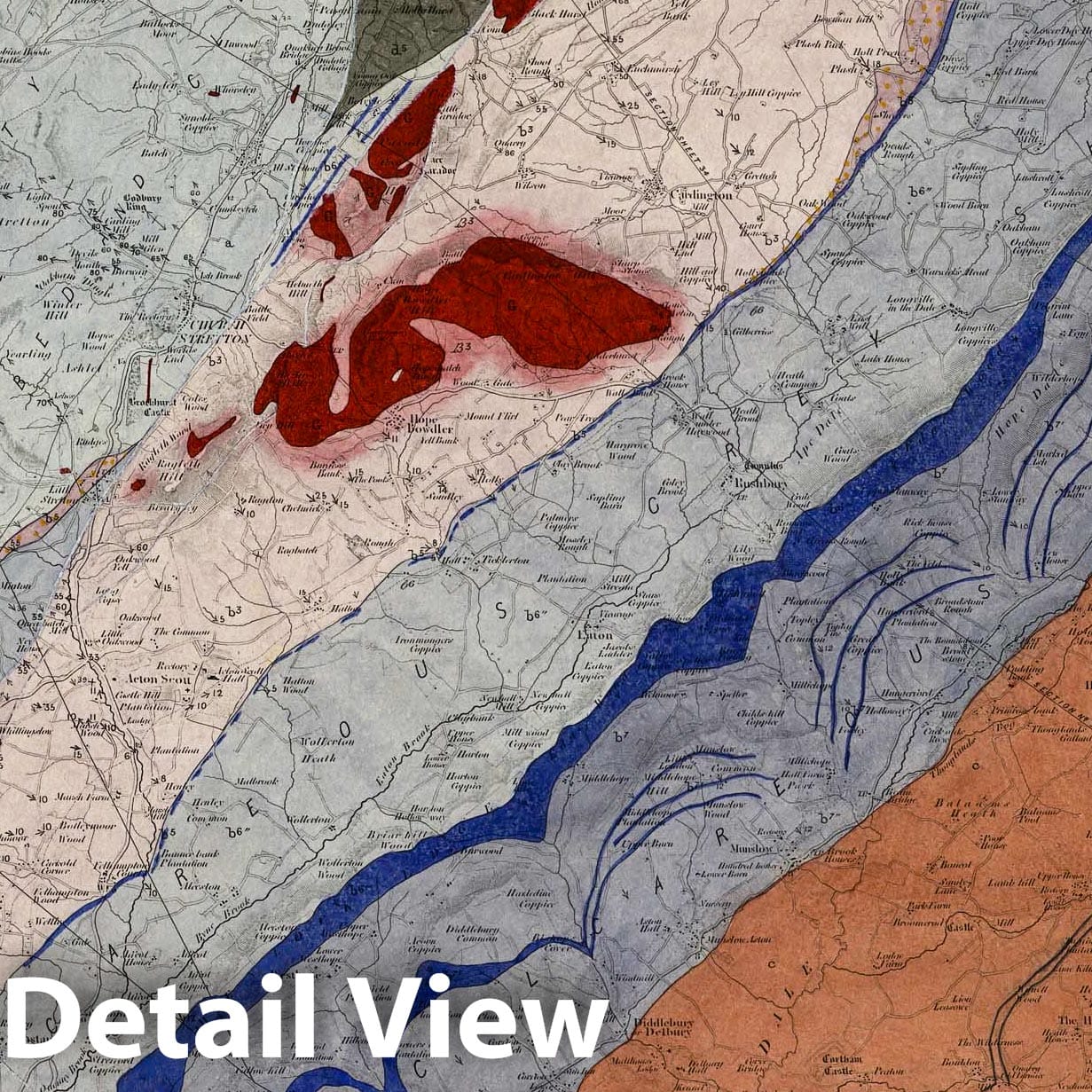 Church Stretton and Shrewsbury, England - Geological Map, 1855