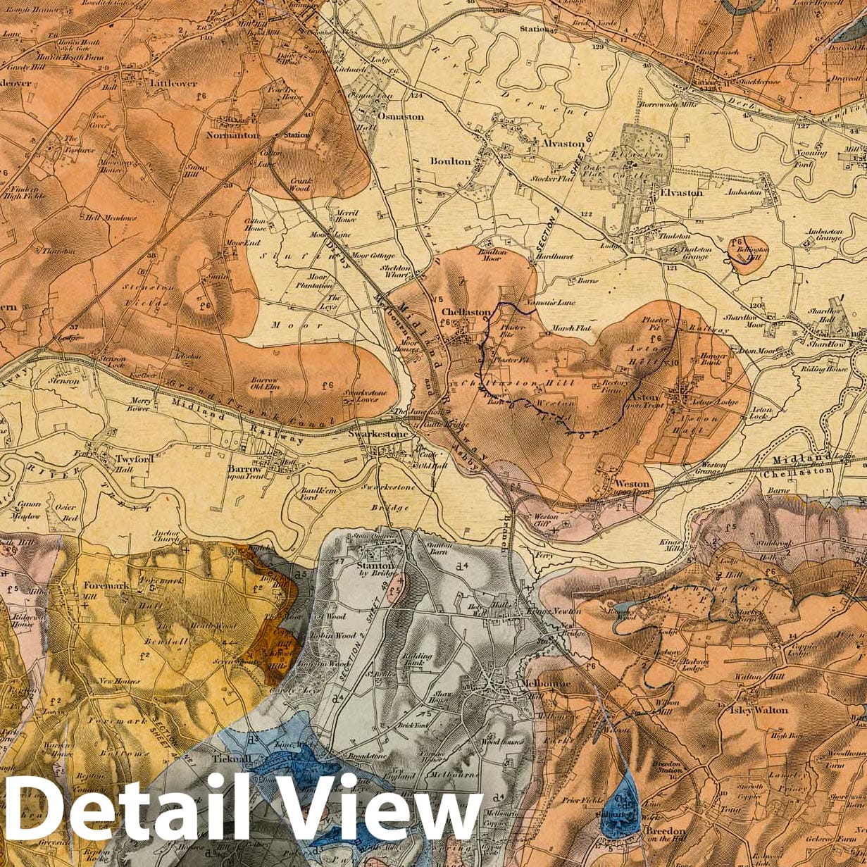 Derby, Nottingham, England - Geological Map, 1855 - Ordnance Survey Historical Reproduction