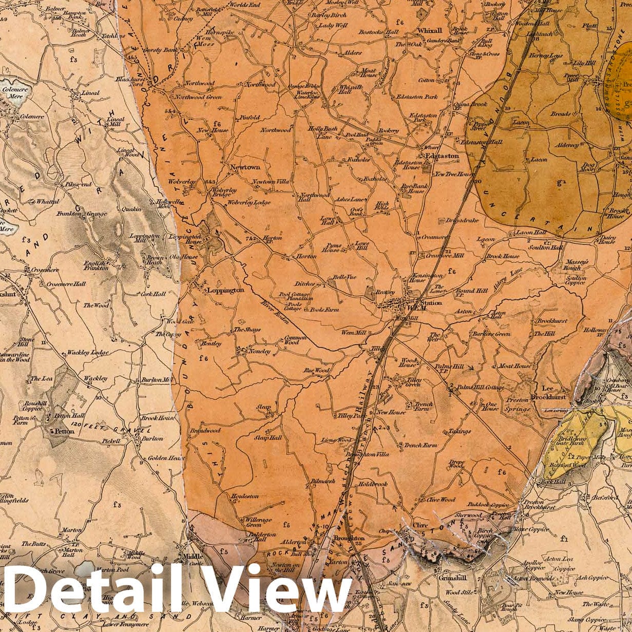 Wem, Market Drayton - Railroad Map, 1855 - Ordnance Survey Geological Map