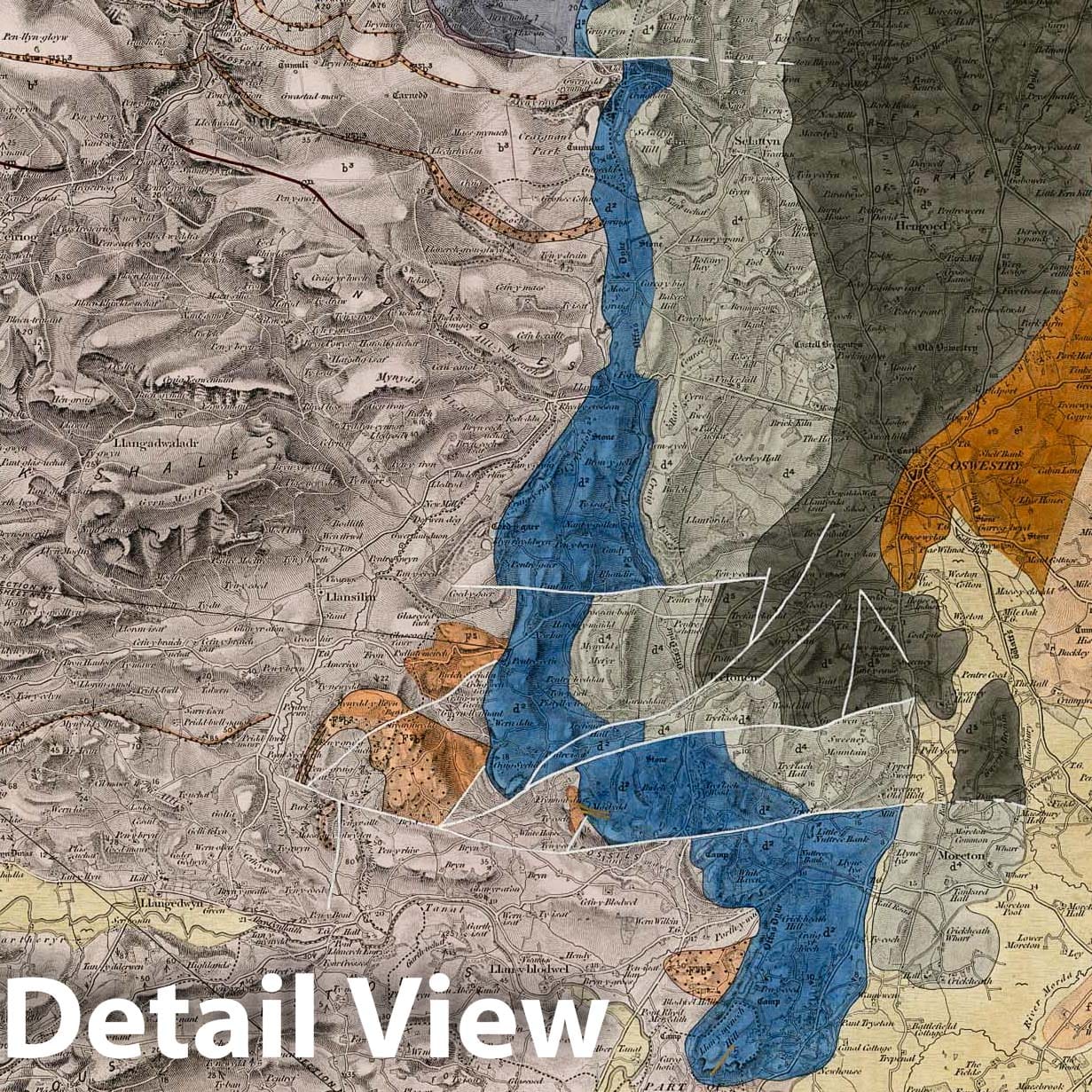 Llangollen, SE Quad., England and Wales - Geological Map, 1855