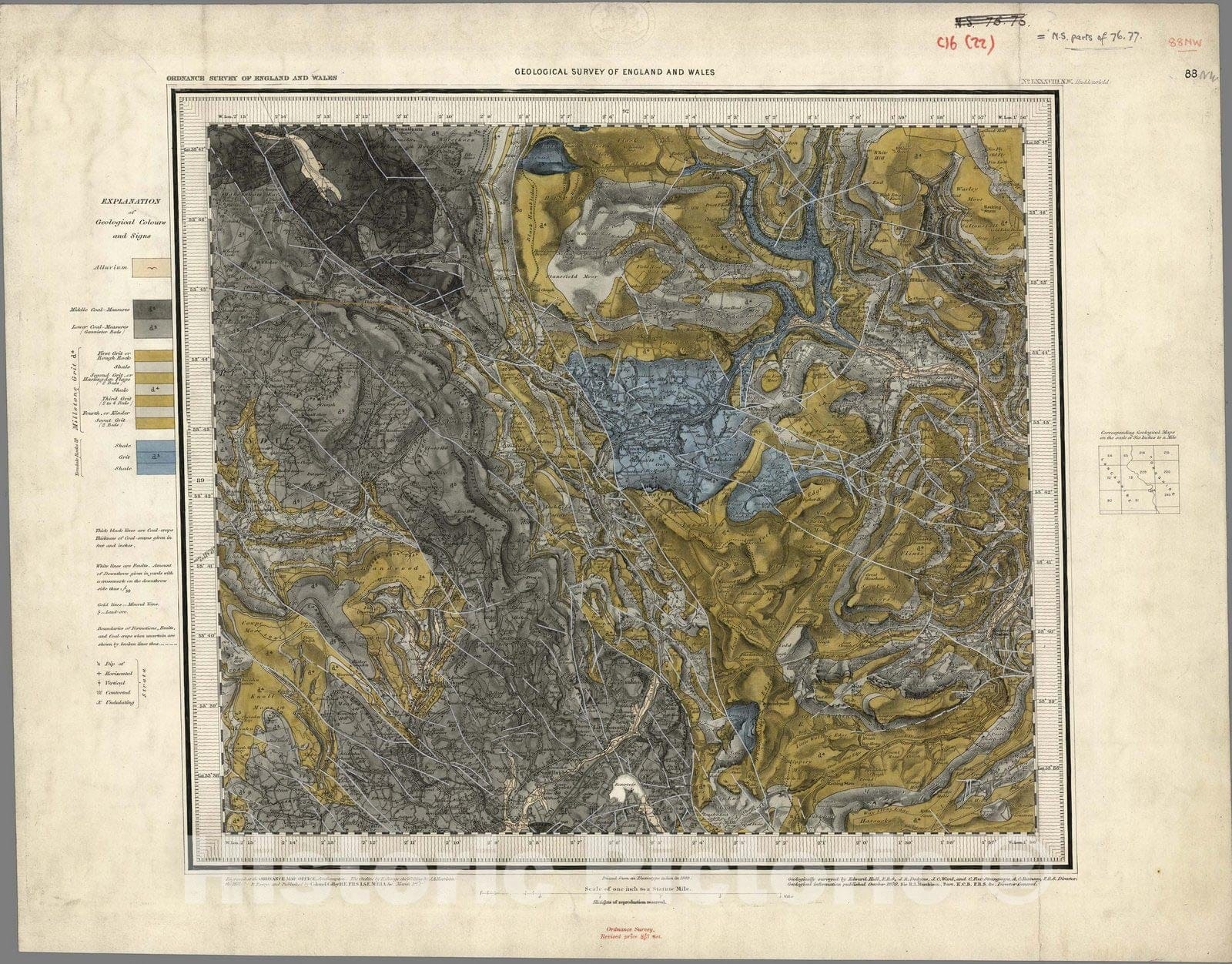 Historic Map : Geologic Atlas Map, 88. Huddersfield, NW Quad. 1870 - Vintage Wall Art