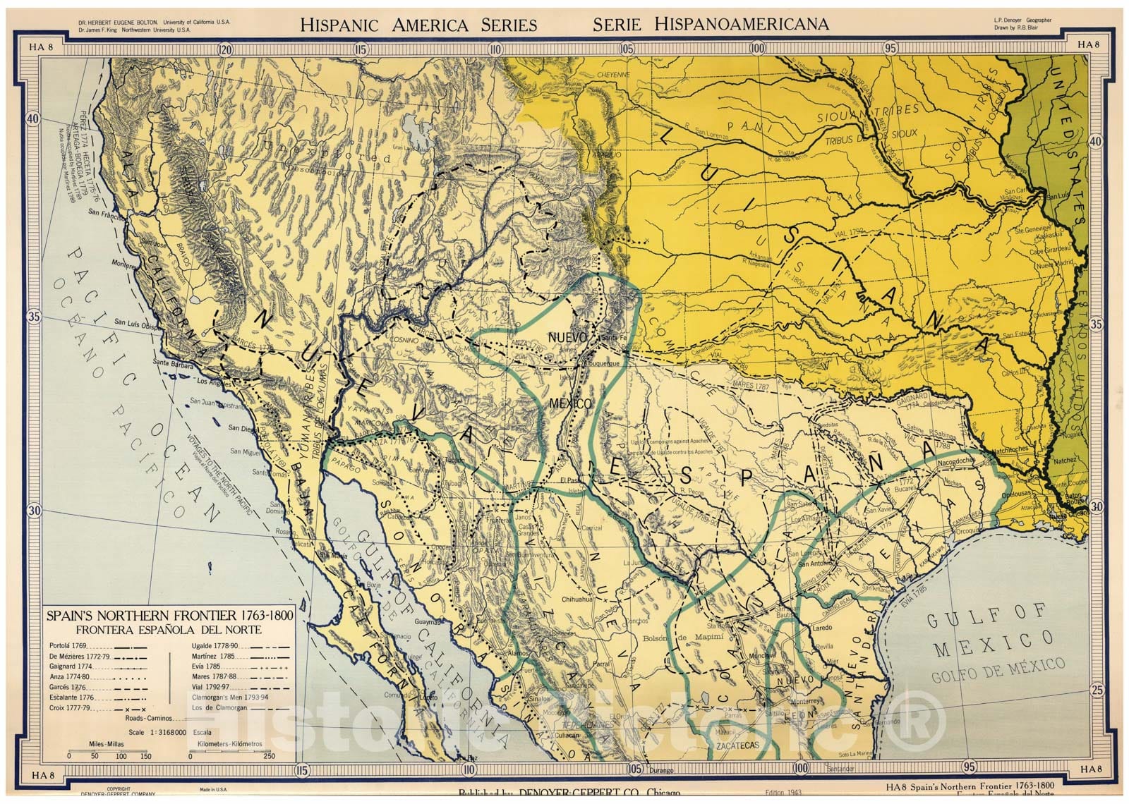 Historic Map - Wall Map, Mexico - Spanish Frontier. 1943 - Vintage Wall Art