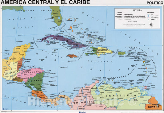 Historic Map : Caribbean, West Indies Wall Map, America Central y El Caribe - Politico. 2002 , Vintage Wall Art