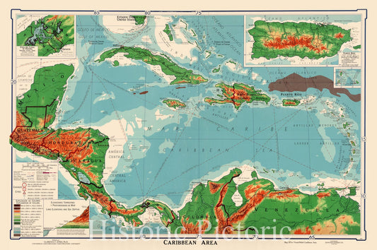 Historic Map : Wall Map, Caribbean - Physical-Political. 1960 - Vintage Wall Art